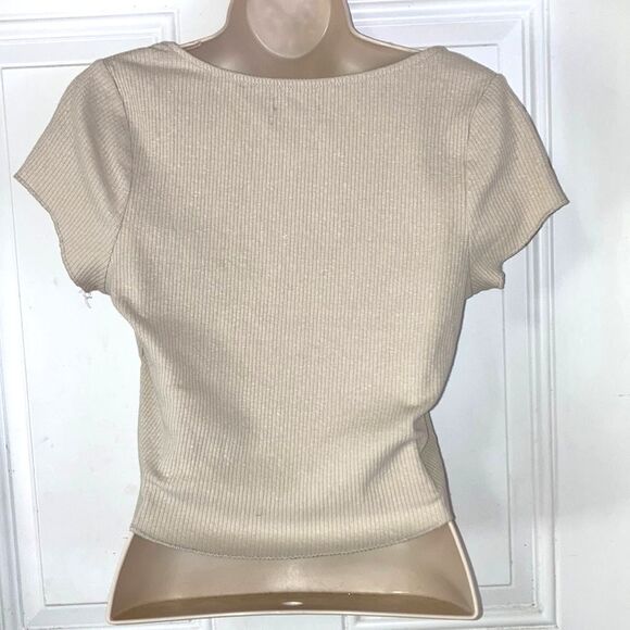 URBAN OUTFITTERS Crop Top Square Neck Cap Sleeves Ribbed Cream Womens Large - Picture 5 of 10